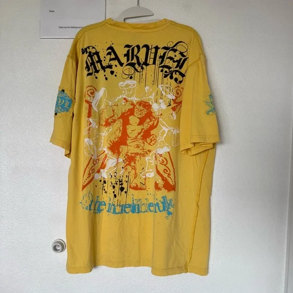 Marvel‎ Hulk Y2K Vintage Ed Hardy Style T-shirt Medium Yellow Americana Tattoo - Picture 3 of 6